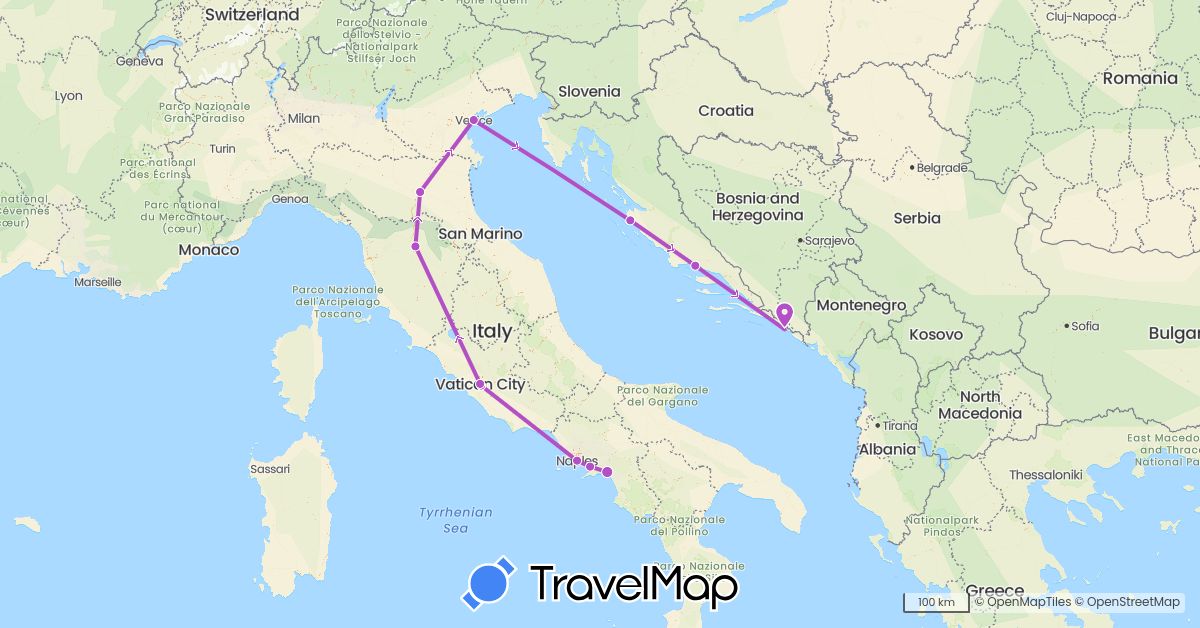 TravelMap itinerary: driving, train in Croatia, Italy, Vatican City (Europe)