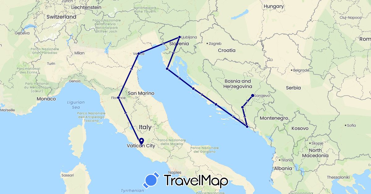 TravelMap itinerary: driving in Bosnia and Herzegovina, Croatia, Italy, Slovenia (Europe)